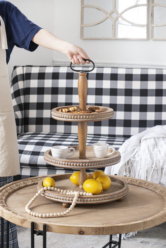 Three Tiered Wooden Display Tray with Beaded Trim, Brown