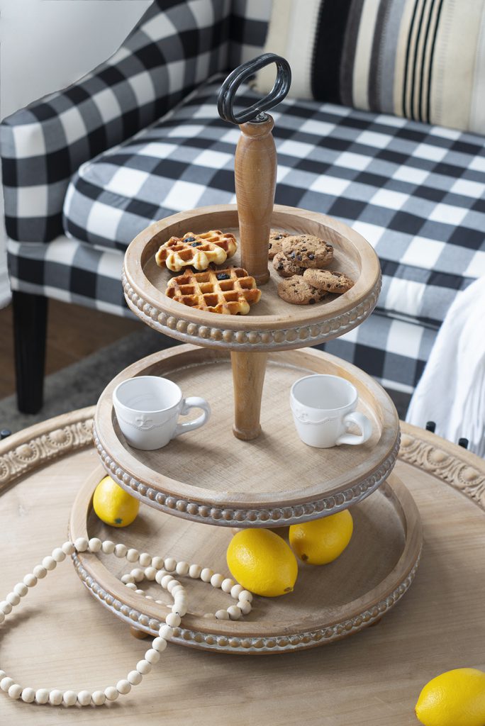 Three Tiered Wooden Display Tray with Beaded Trim, Brown