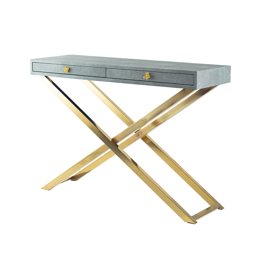 Gray Faux Leather and Gold Steel Crossed-Leg Console Table