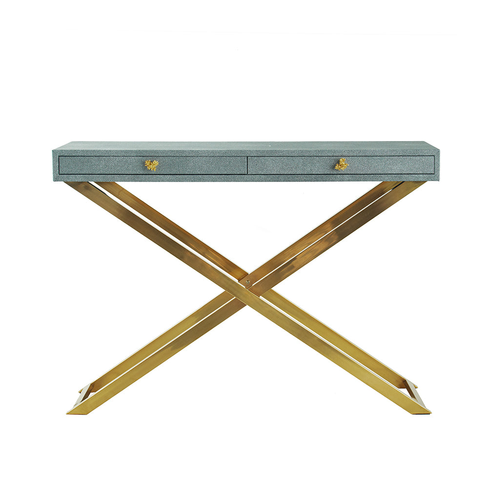 Gray Faux Leather and Gold Steel Crossed-Leg Console Table