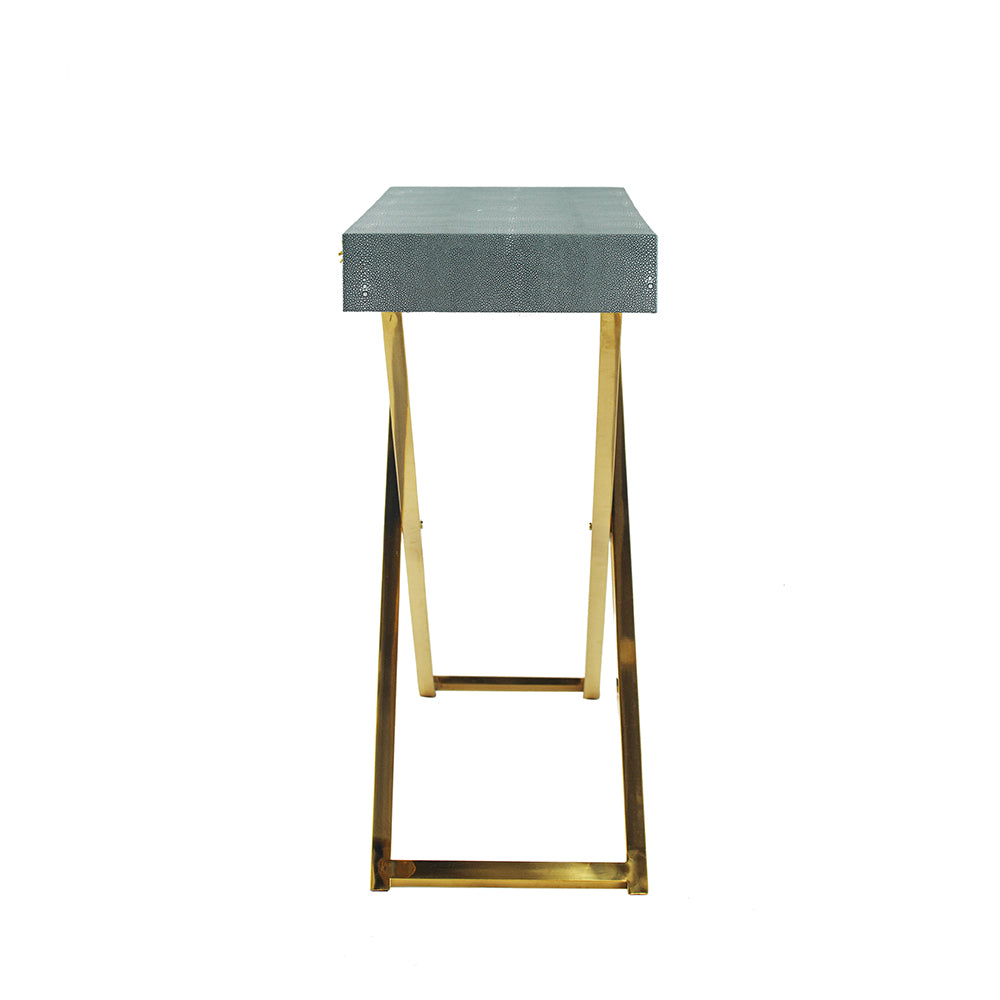 Gray Faux Leather and Gold Steel Crossed-Leg Console Table