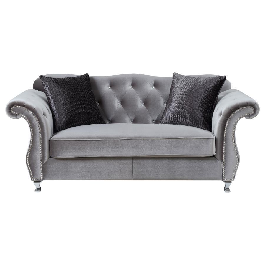 Frostine - Upholstered Rolled Arm Tufted Loveseat - Silver