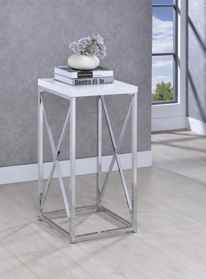 Edmund - Square Accent Side Table - White High Gloss And Chrome