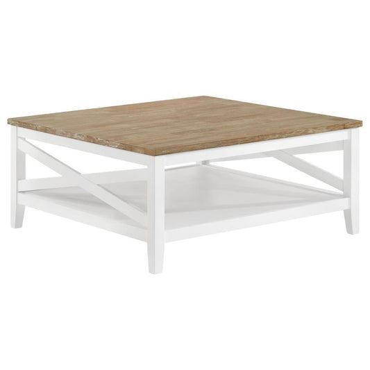 Hollis - Square Wood Coffee Table With Shelf - Brown And White